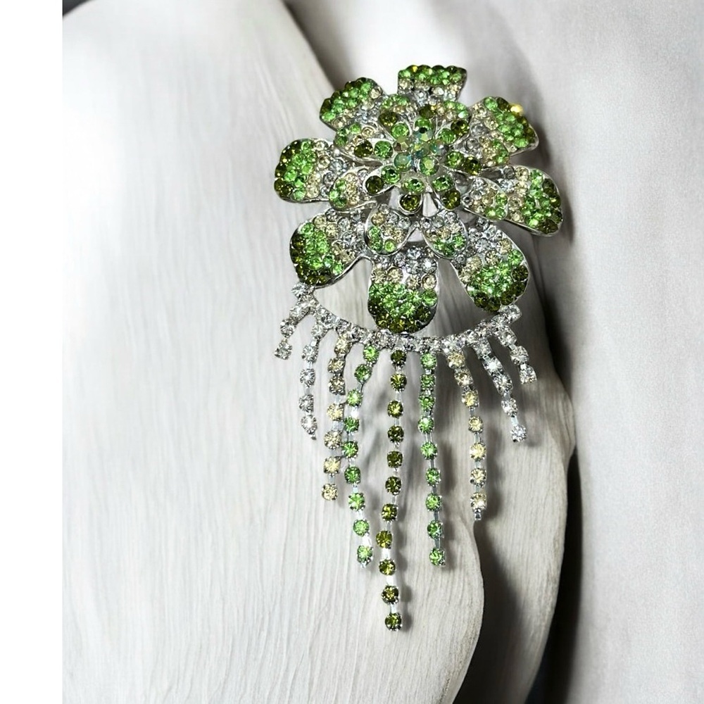 Elegant Green and Silver Floral Brooch 5” length